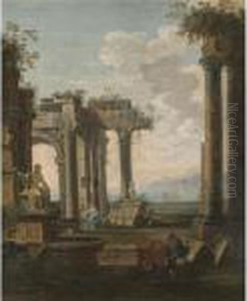 An Architectural Capriccio With Figures Amongst Classical Ruins Oil Painting by Giovanni Ghisolfi