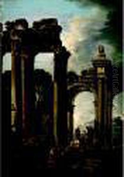 Capriccio Of Roman Ruins Oil Painting by Giovanni Ghisolfi