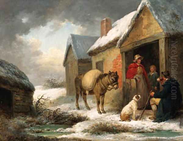 A traveller taking refreshment outside a cottage in winter Oil Painting by George Morland