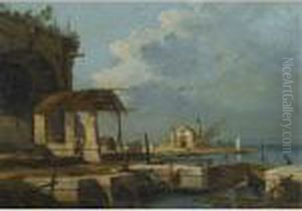 A Capriccio Of The Venetian Laguna With A Church In The Distance Oil Painting by Giovanni Ghisolfi