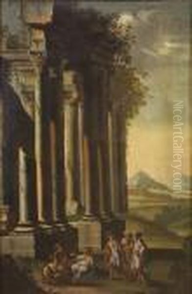 Paesaggio Con Rovine Architettoniche E Figure Oil Painting by Giovanni Ghisolfi