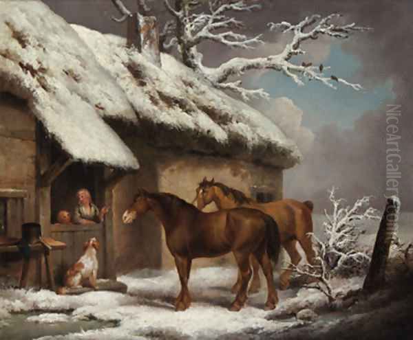 A Winter Landscape Two horses and a spaniel outside a cottage Oil Painting by George Morland