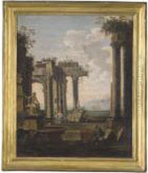 Architectural Capriccio With Figures Amongst Classical Ruins Oil Painting by Giovanni Ghisolfi