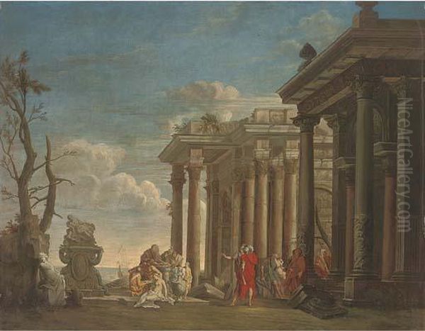 A Capriccio Of Roman Ruins With Classical Figures By An Altar Oil Painting by Giovanni Ghisolfi