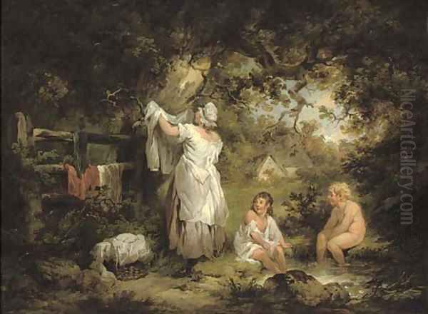 A woman with two children by a pool Oil Painting by George Morland