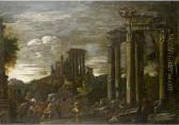 Capriccio View Of Tivoli With 
The Temple Of The Sybils And The Cascade Beyond With Soldiers Looting In
 The Foreground Oil Painting by Giovanni Ghisolfi