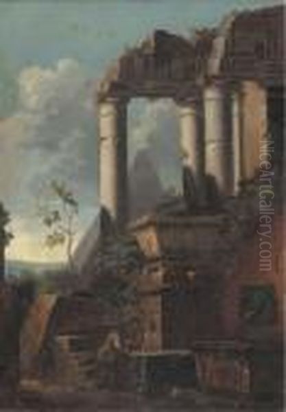 Classical Ruins And A Pyramid With Figures Conversing Oil Painting by Giovanni Ghisolfi