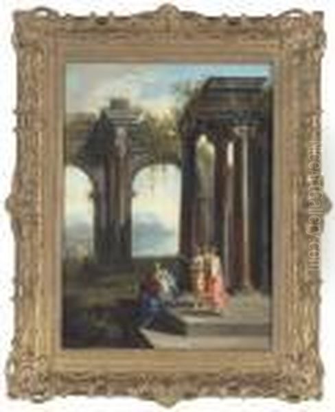 A Capriccio Of Classical Ruins With Elegant Figures And Mountainsbeyond Oil Painting by Giovanni Ghisolfi