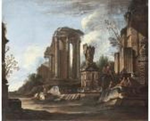 A Capriccio With The Temple Of The Sibyl At Tivoli And Classicalruins Oil Painting by Giovanni Ghisolfi