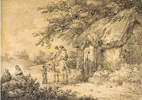 Figures on a pony before a thatched cottage Oil Painting by George Morland