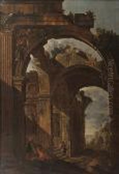 Figures Amongst Roman Ruins Oil Painting by Giovanni Ghisolfi