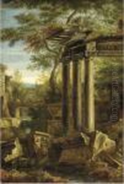 Classical Ruins In A Landscape Oil Painting by Giovanni Ghisolfi