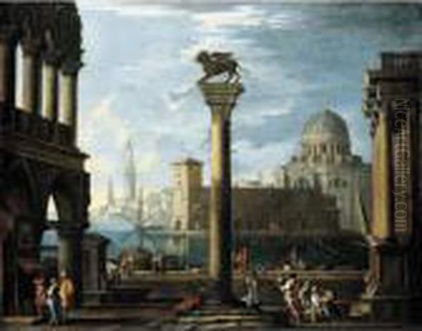 A Capriccio View Of The Molo From The Piazzetta Looking South Oil Painting by Giovanni Ghisolfi