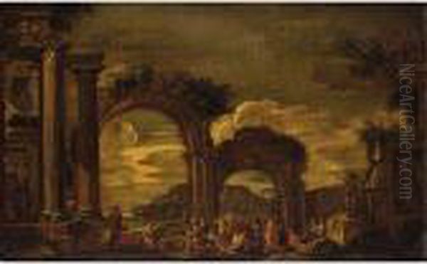 Saint Paul Preaching In A Capriccio Of Roman Ruins Oil Painting by Giovanni Ghisolfi