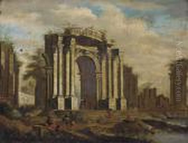 A Capriccio Of Classical Ruins With Soldiers And Other Figures In The Foreground by Giovanni Ghisolfi