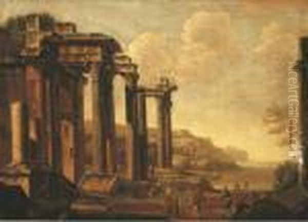 An Architectural Capriccio With Figures By A Cove Oil Painting by Giovanni Ghisolfi