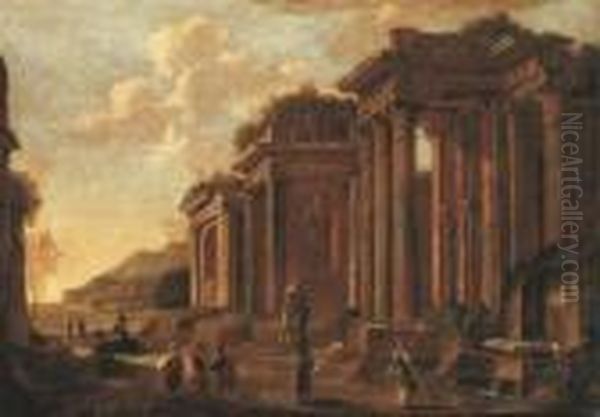 An Architectural Capriccio With Figures By A Statue And A Fountain Oil Painting by Giovanni Ghisolfi