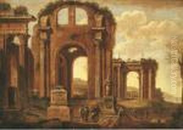 An Architectural Capriccio With Figures Amongst Ruins Oil Painting by Giovanni Ghisolfi