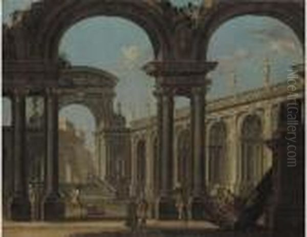 A Capriccio Of A Classical Palace With Figures Oil Painting by Giovanni Ghisolfi