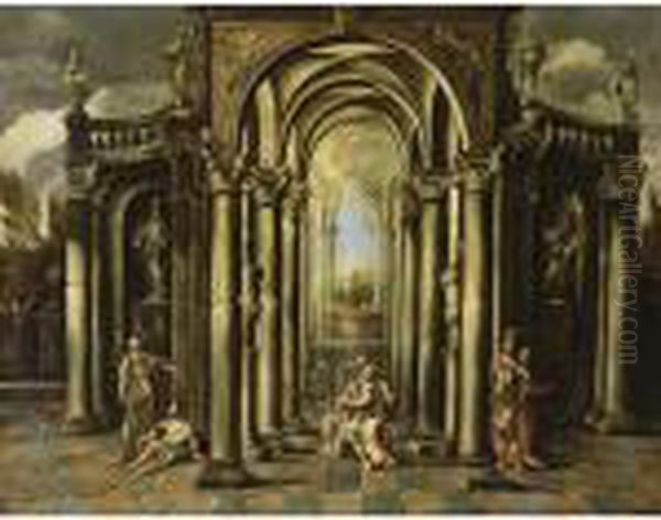 An Architectural Capriccio Of A 
Classical Building Adorned With Statues And David Playing The Harp 
Surrounded By Other Figures Oil Painting by Giovanni Ghisolfi