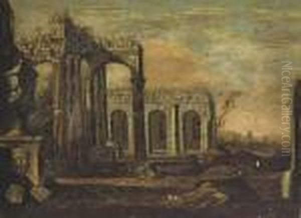 An Architectural Cappriccio Of Roman Ruins Oil Painting by Giovanni Ghisolfi