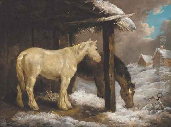 Ponies by a byre in a winter landscape Oil Painting by George Morland