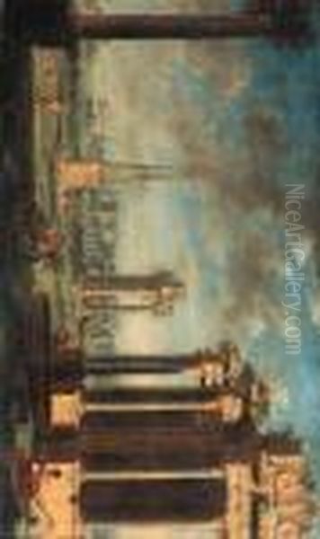 A Capriccio Of A Mediterannean Harbour With Bacchants And Classicalruins Oil Painting by Giovanni Ghisolfi