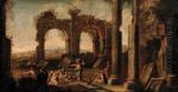 A Capriccio Of Classical Ruins With Christ At The Pool Ofbethesda Oil Painting by Giovanni Ghisolfi