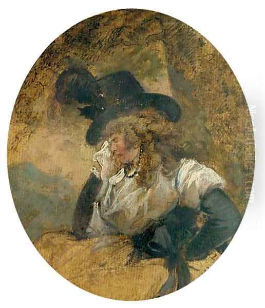 Portrait of the artist's wife, half-length, seated, weeping in the costume she wore for The Fortune Teller, 1788 Oil Painting by George Morland