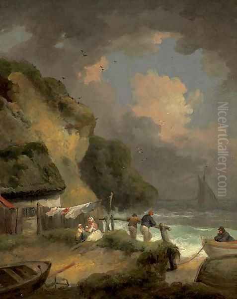 A rocky coast with fishermen by a cottage Oil Painting by George Morland