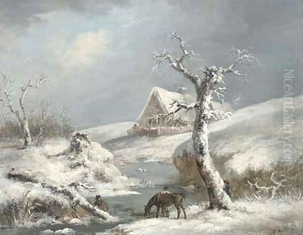 Figures by a frozen stream Oil Painting by George Morland