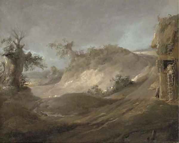 Landscape with a figure climbing up to a hay loft, and a pig Oil Painting by George Morland