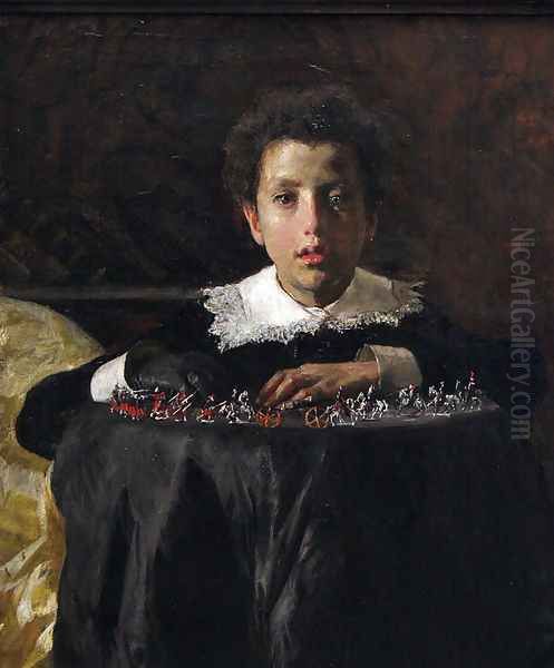 Young Boy with Toy Soldiers Oil Painting by Antonio Mancini