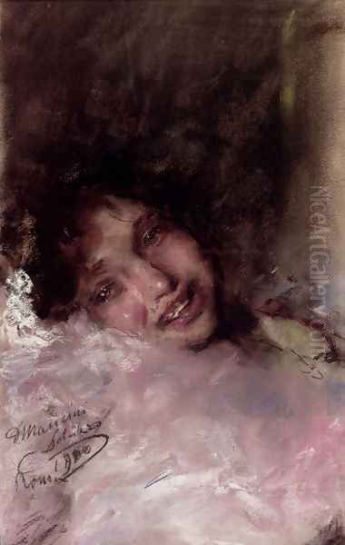 A Young Girl Laughing Oil Painting by Antonio Mancini