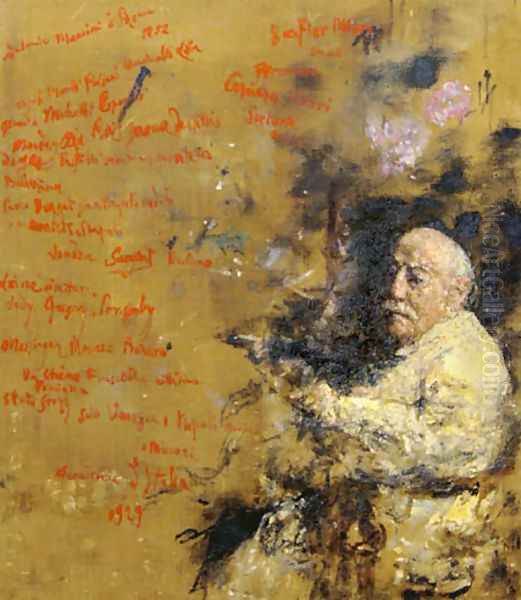 Self Portrait with Autobiographical Script Oil Painting by Antonio Mancini