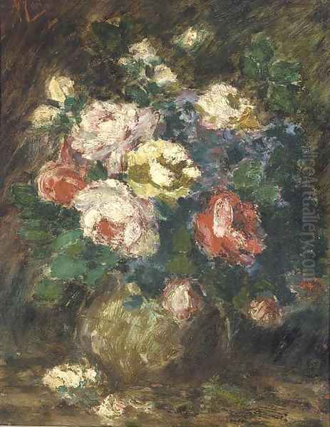 Roses in a vase Oil Painting by Antonio Mancini