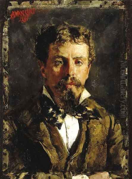 Portrait of a young gentleman, wearing a white shirt, cravatte and brown waistcoat and jacket Oil Painting by Antonio Mancini