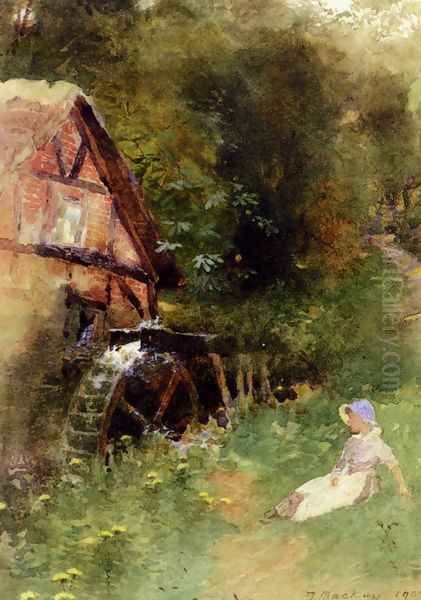 A Young Girl Seated Near A Watermill Oil Painting by Thomas Mackay