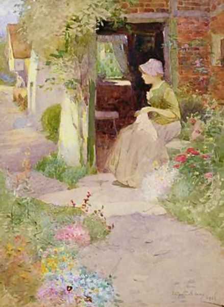 A Girl Sewing at the Door of a Cottage 1906 by Thomas Mackay