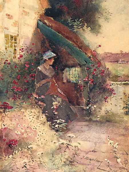 A young Lady seated in a Cottage Garden Oil Painting by Thomas Mackay