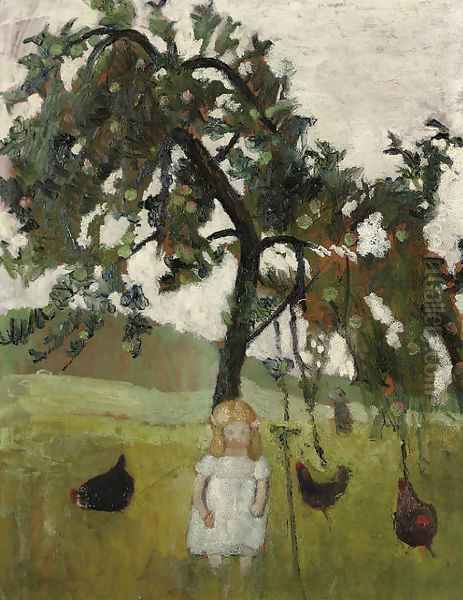 Elsbeth mit Huthnern unter Apfelbaum Oil Painting by Paula Modersohn-Becker