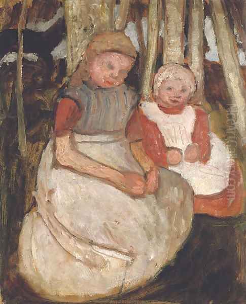 Zwei sitzende Madchen vor Birkenstammen Oil Painting by Paula Modersohn-Becker