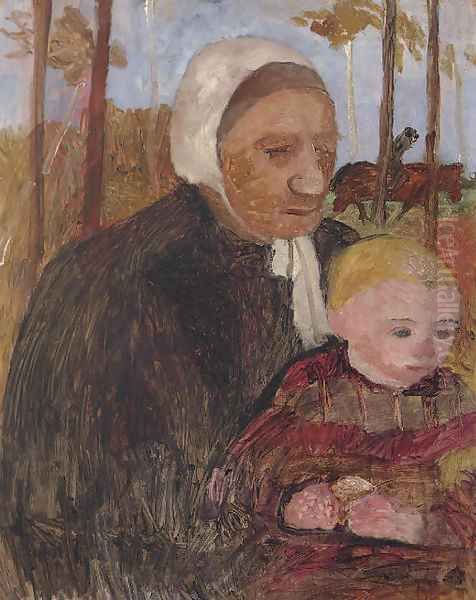 Bauerin mit Kind, im Hintergrund ein Reiter Oil Painting by Paula Modersohn-Becker