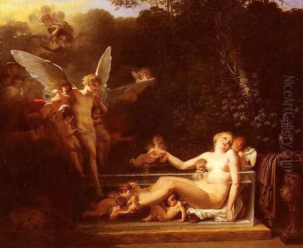 Une Nymphe Au Bain, Environnee D'Amours (A Nymph at Bath, Surrounded by Cupids) Oil Painting by Jean-Baptiste Mallet