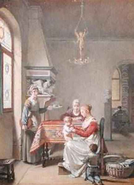 Mother with her Children in an Interior 1830 Oil Painting by Jean-Baptiste Mallet