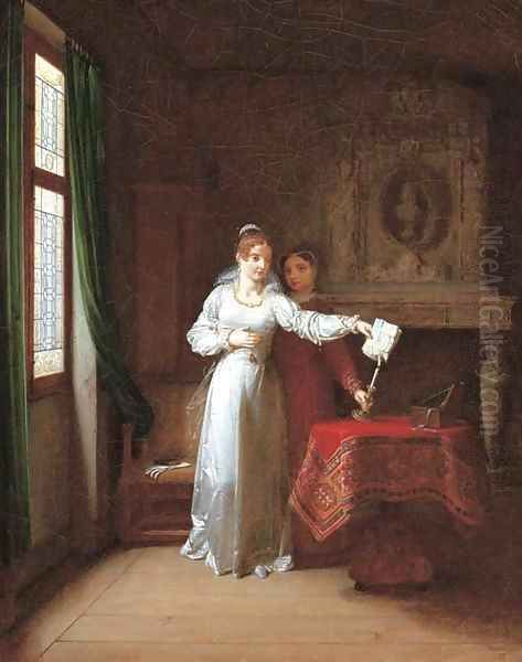 A lady burning letters in an elegant interior Oil Painting by Jean-Baptiste Mallet