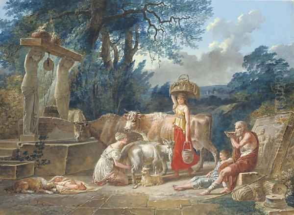 A peasant family and their animals by a well in a classical landscape Oil Painting by Jean-Baptiste Mallet