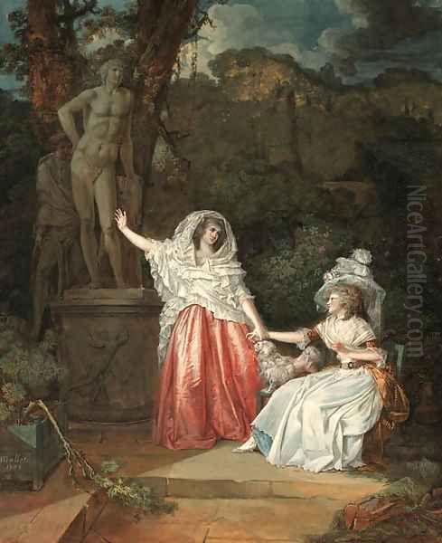 Two elegant young ladies in a garden with a man hiding behind a statue of Apollo Oil Painting by Jean-Baptiste Mallet