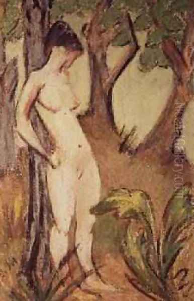 Nude Standing Against a Tree Oil Painting by Otto Mueller