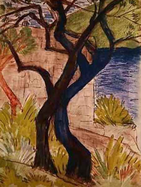 Trees before a Bridge Oil Painting by Otto Mueller